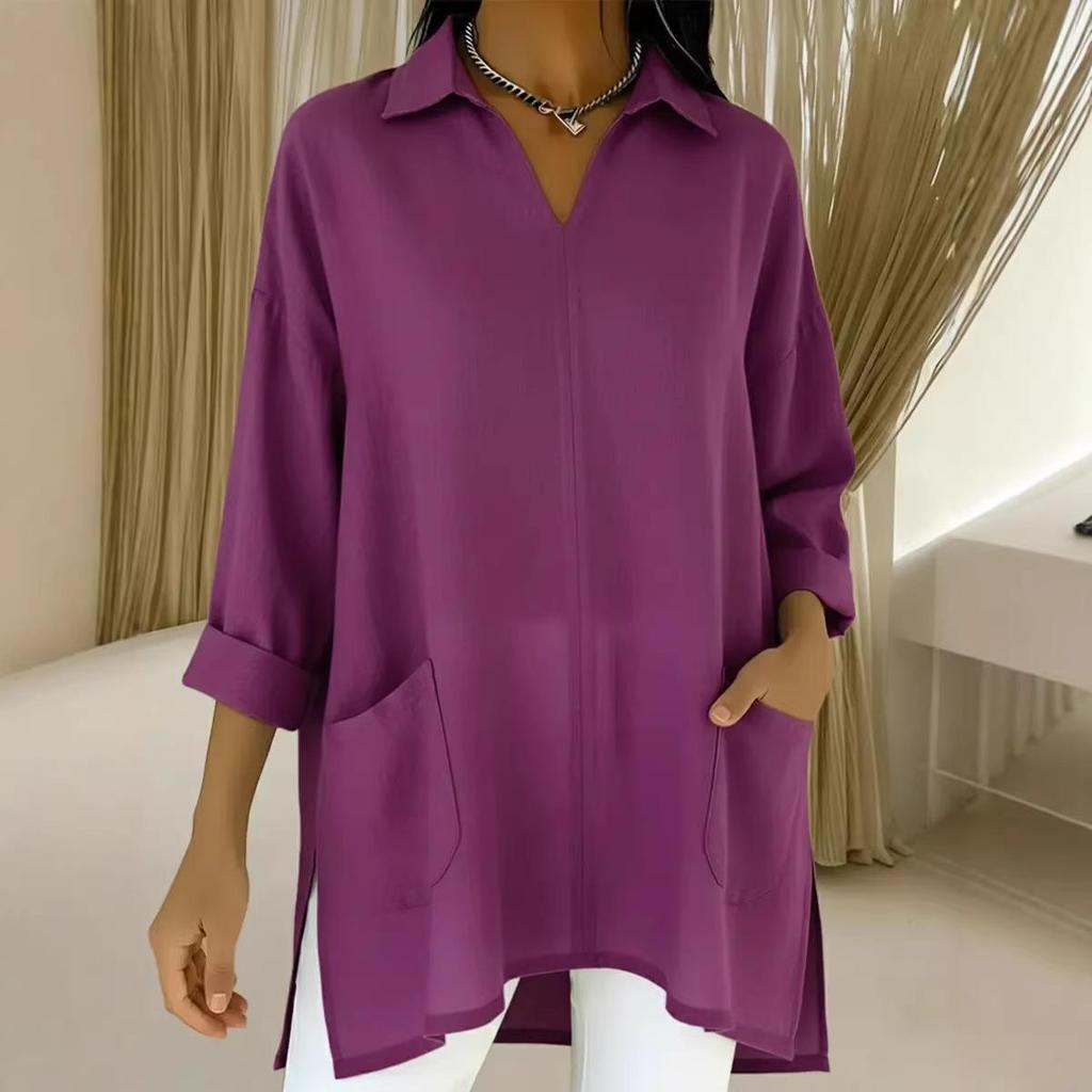 2026 Spring European & American Women's Fashion Solid Color Pocket Shirt Collar Loose Top