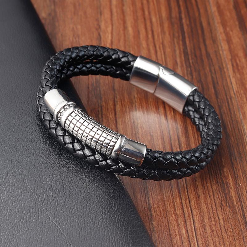 Luxury Vintage Handmade Leather Braid Men Bracelet Stainless Steel Buckle Business Men's Bangles For Friend Partner Lovers Gift