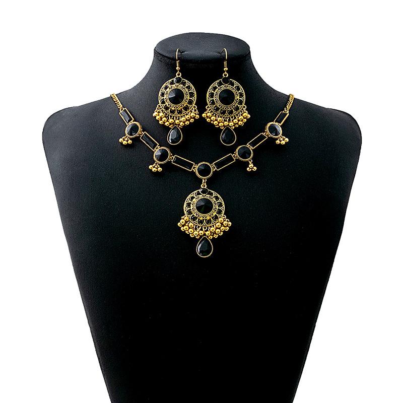 Retro Ethnic Feng Shui Drop Pendant Jewelry Set, Dinner Party Luxury Geometric Round Earrings Square Necklace