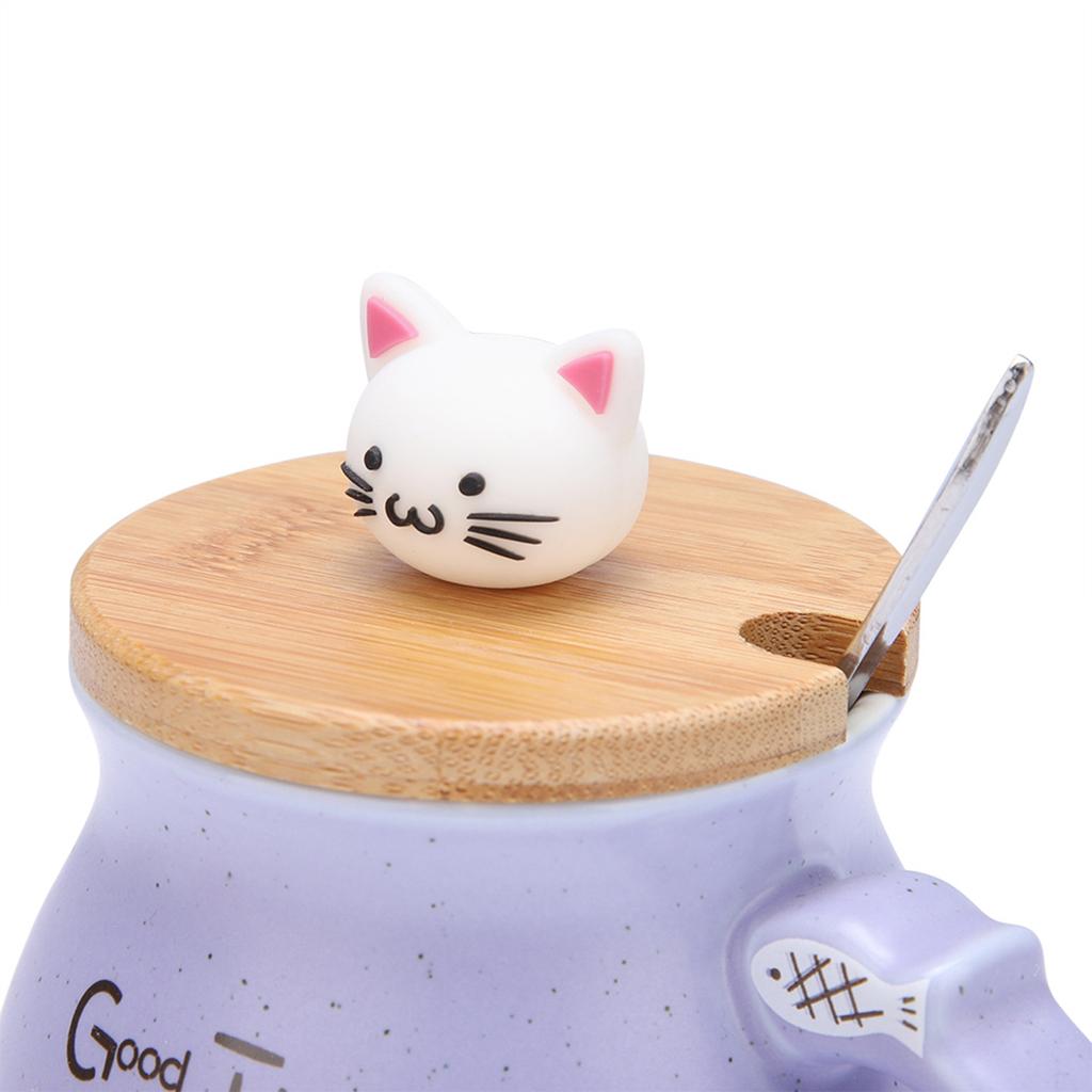 1Pc Lovely Cat Ceramic Cup with Spoon and Lid  Coffee Water Milk Mug for Drinkware Gift(Pink)
