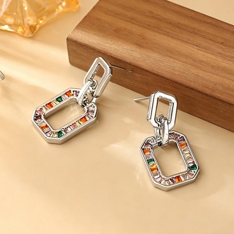 Geometric Rainbow Zircon Earrings Women Gold/ Tone Sterling Post Lightweight Chic Statement Jewelry