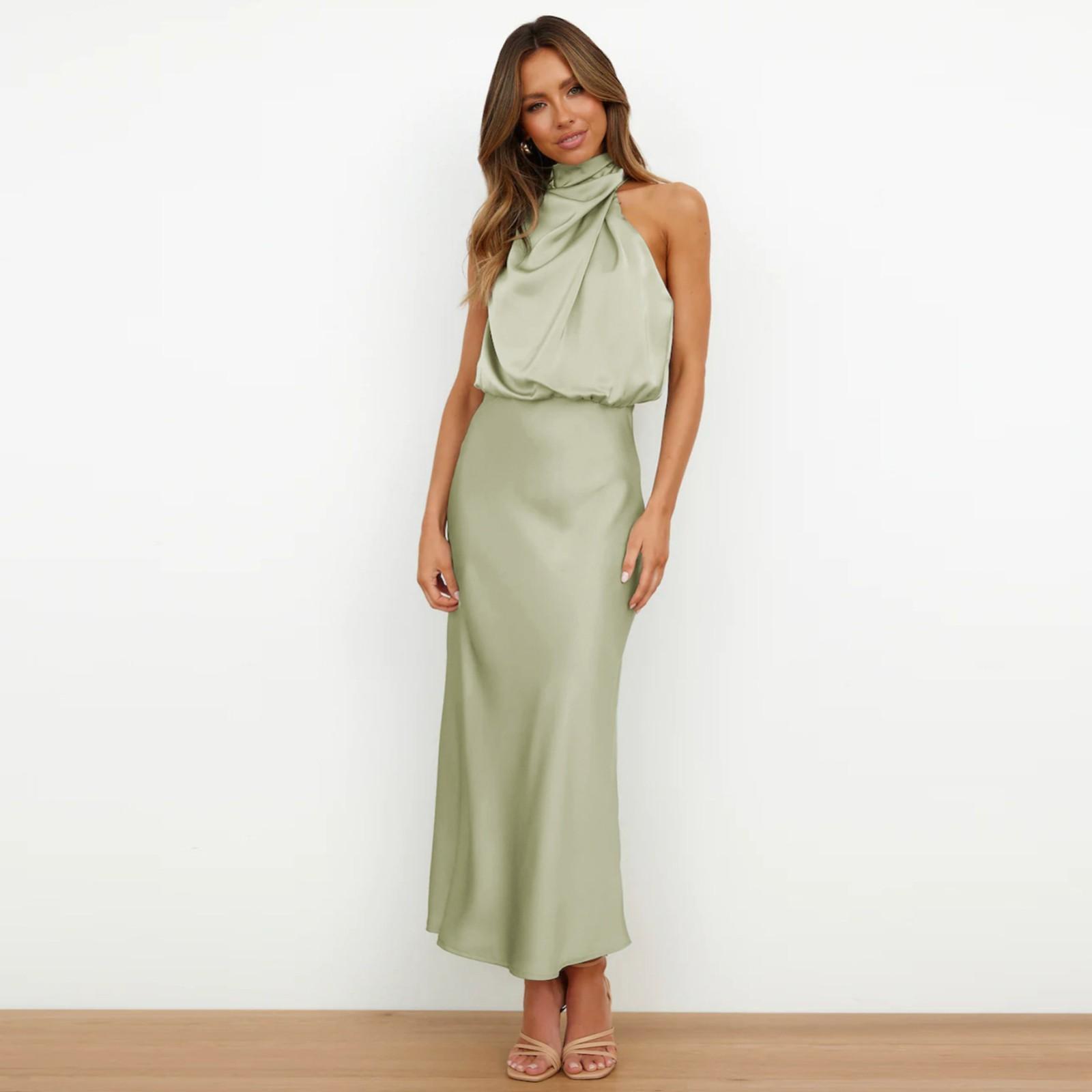 

Женские коктейльные платья без рукавов с воротником-стойкой и эластичной резинкой на талии для вечеринки, свадьбы, для гостей, атласное платье средней длины с высоким разрезом S