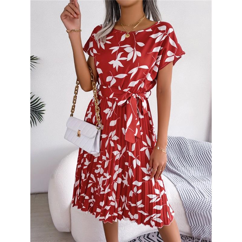 European And American Ladies Long Skirt Summer Casual Leaf Print Short-sleeved Large Pleated Round Neck Dress