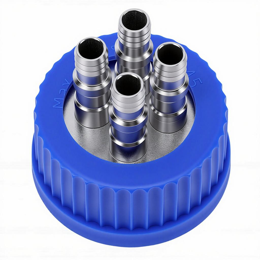 GL45 Safety Bottle Cap with 4 Port 304 Stainless Steel Interface Laboratory Liquid Mobile Phase Filling Cap Diameter 8