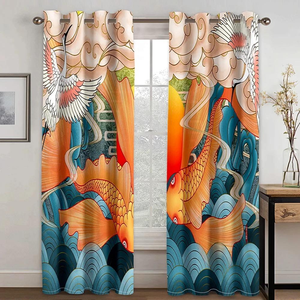 Red Blue Japanese Design Style Crane Wave Mountain Sun Printed Design High Sun Shading Drape Bed Chamber Living Room Hospitality Venue Window Drape