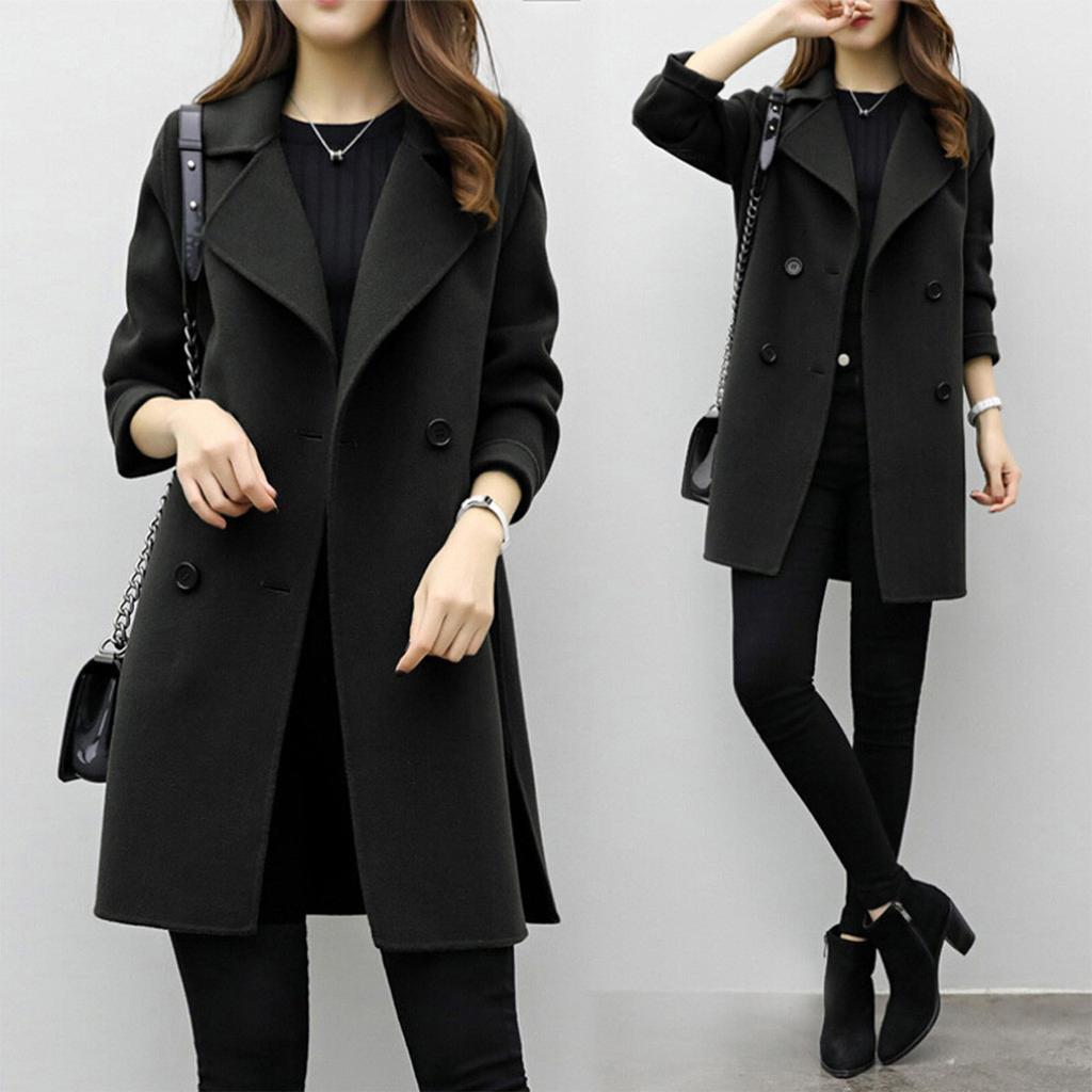 Women's Long-length Autumn Coat, Double-breasted, Long Sleeves, Solid Color