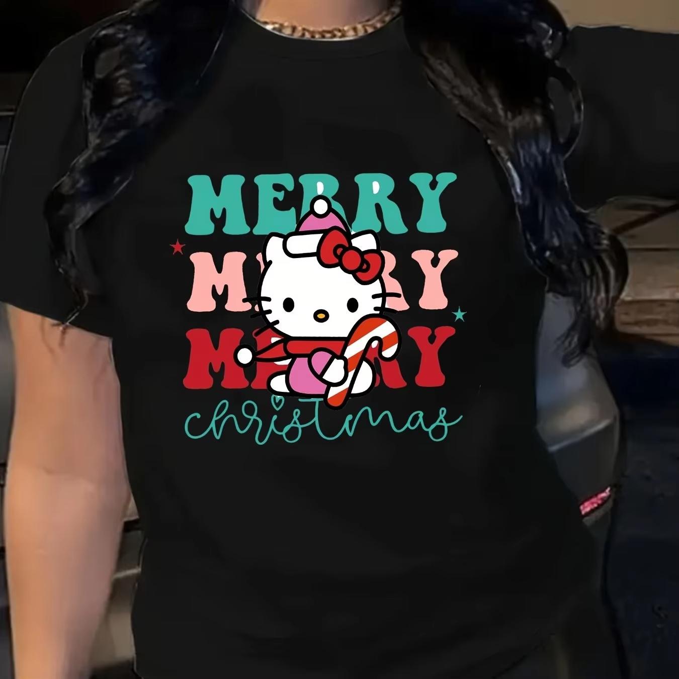

Hello Kitty Christmas Pattern Tshirt Round Neck Casual with Colorful Christmas Design Machine Washable Women Cotton S