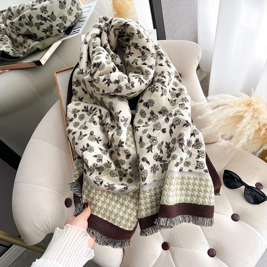 Autumn And Winter Imitation Cashmere Scarf Floral Thousand Bird Grid High-End Double-Sided Scarf Shawl Versatile Woman