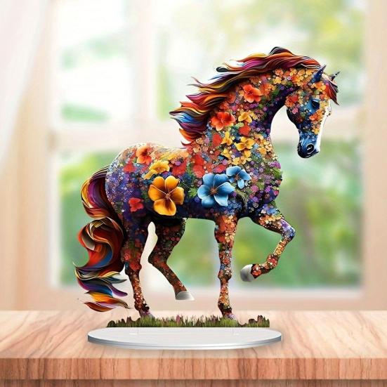 Colorful Flower Horse Acrylic Ornament with Base 2D Flat Horse Table Sign Holiday Party