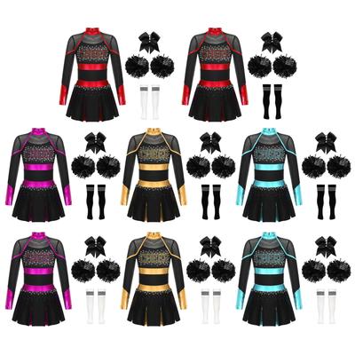 Children's Cheer Leader Costume Halloween Cheerleading Uniform Dress with Pompoms and Socks Carnival Party Fancy Dress Outfit