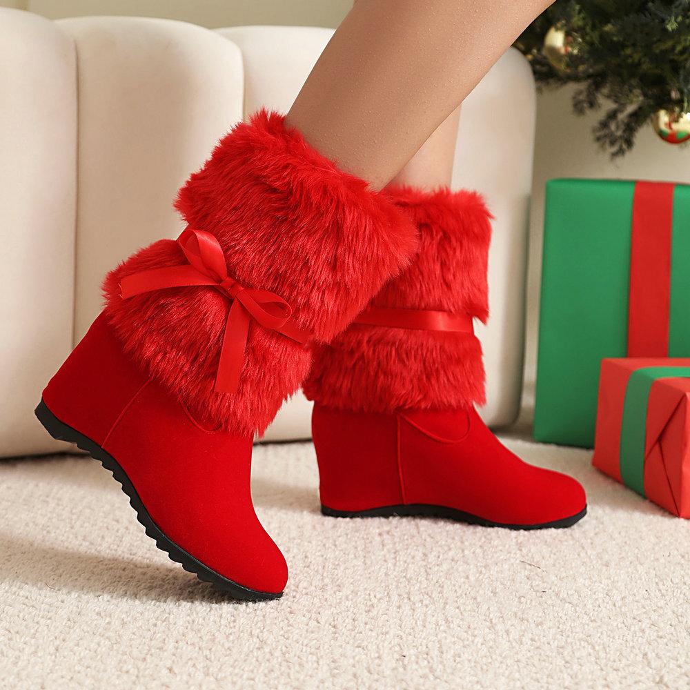 Women's snow boots increase height in autumn and winter Women's short boots Cute bow Christmas Spring Festival New Year boots Festive women's wedding