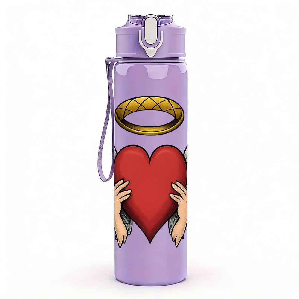1PC Angel Wing Sacred Heart Pattern 750ml Color Plastic Sports Water Bottle Leakproof Flip Straw Lid Suitable for Sports Office Home Use