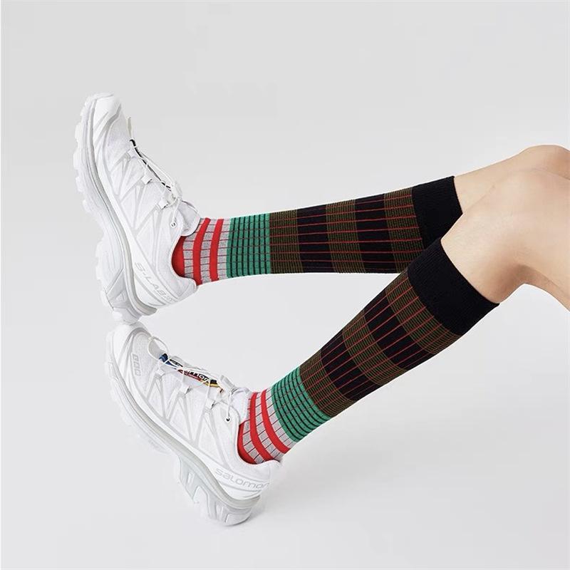Striped Retro Contrasting Calf Socks Double Needle Knee Stacking Socks Personalized Fashion Pure Cotton Socks