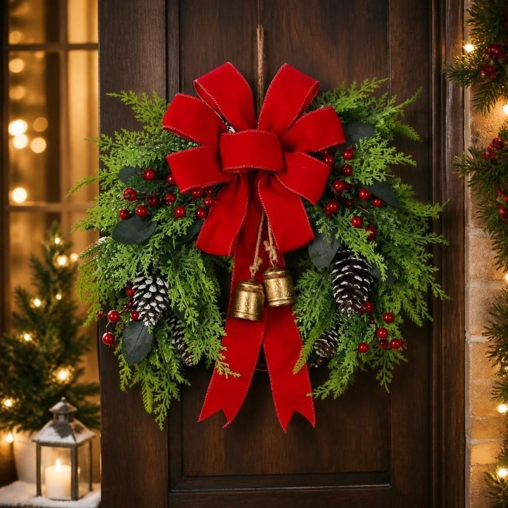 Bowknot Christmas Wreath Bell Hanging Wreath Decoration Artificial Berry Wreath Mantelpiece Decor