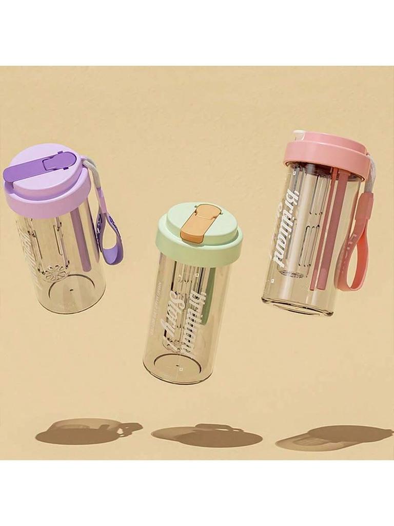 1PC transparent plastic straw leak proof sports water bottle, tea filtration, large capacity bottle with lid