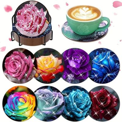 8 Pieces/set of Diamond Painted Rose Coasters Set with Holder DIY Coasters for Beginners and Adults, Art and Craft Supplies Gifts