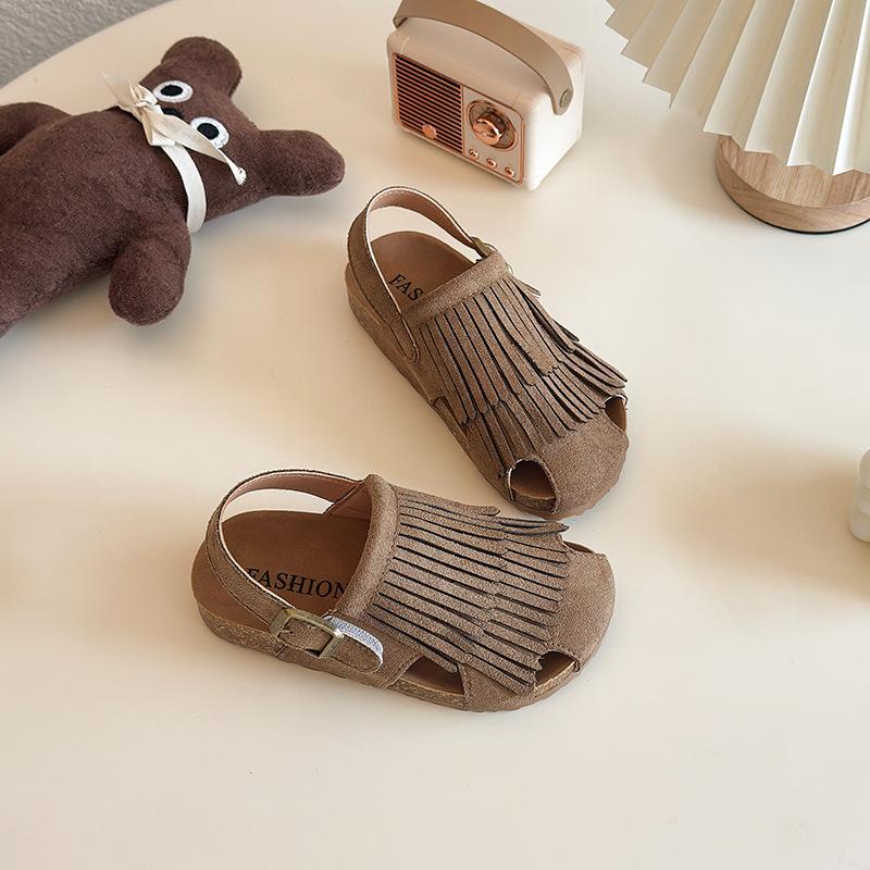 

Girls Sandals Korean Style Trendy Kids Beach Shoes Sweet Tassels 2025 Summer New Children Princess Shoes Hook&loop Candy Color 23 хаки