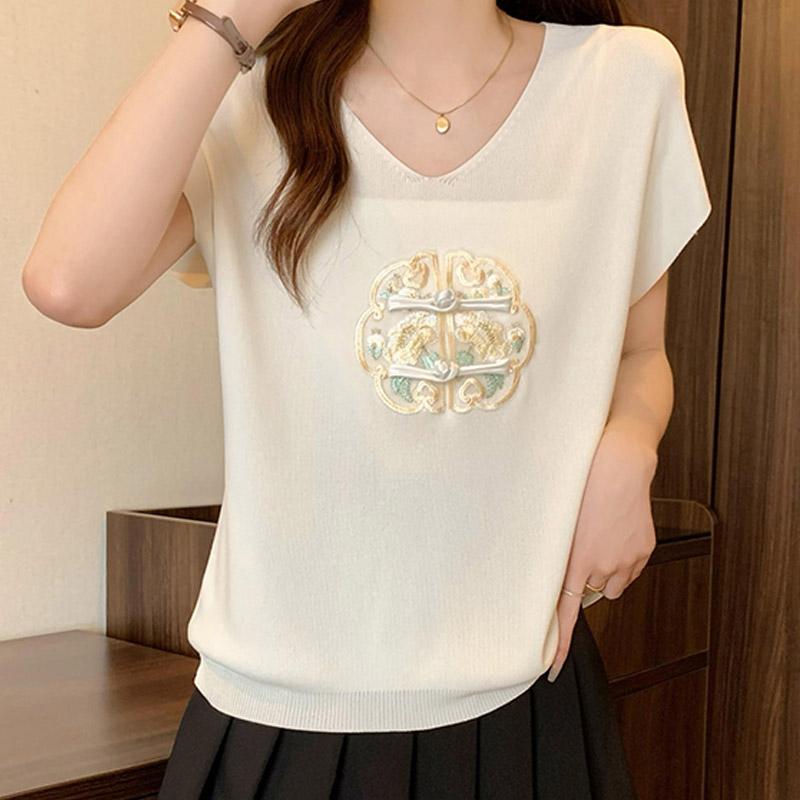 Women Sweaters Pullovers 2025 Summer Short Sleeve V-Neck White Black Embroidery Knitted Sweater Women Tops Pullover JJ232