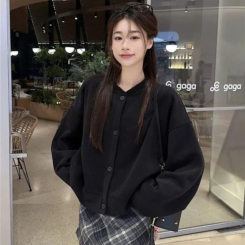 Korean Fashion Versatile Baseball Uniform Sweatshirt Jacket for Women Spring and Autumn Loose Stand-up Collar Cardigan Top S чёрный