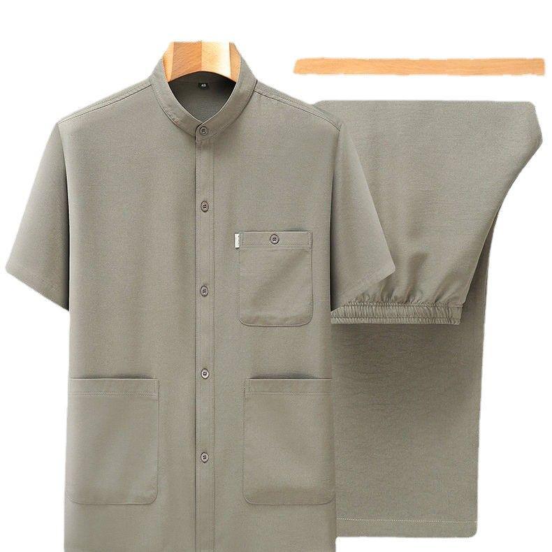 Herren Sommer Eis Seide Strickjacke & Hemd Set - Kurzärmelig, Zweiteilig mit mehreren Taschen für Mittelalte & Ältere.