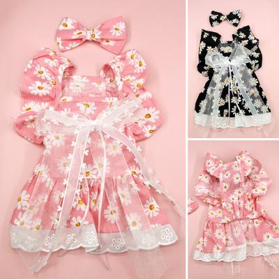 Summer Dog Dress Cute Floral Print Bow Hairpin Breathable Casual Elegant Outfit Wear Bow-knot Lace Princess Dress Pet Cat