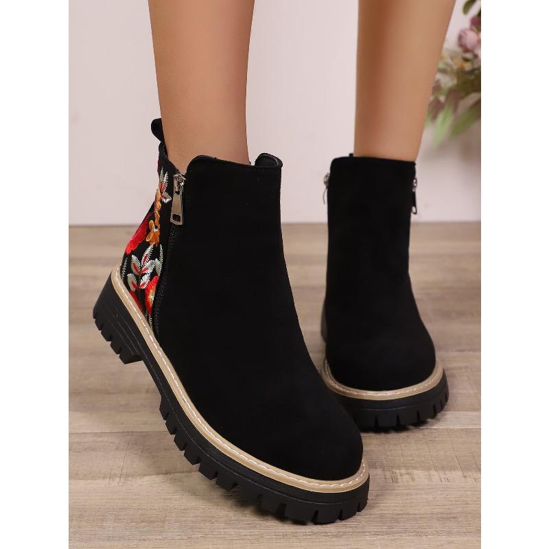 Winter 2025 Suede Print Booties Women's Plus Size Side Zipper Vintage Round Toe Muffin Martin Boots