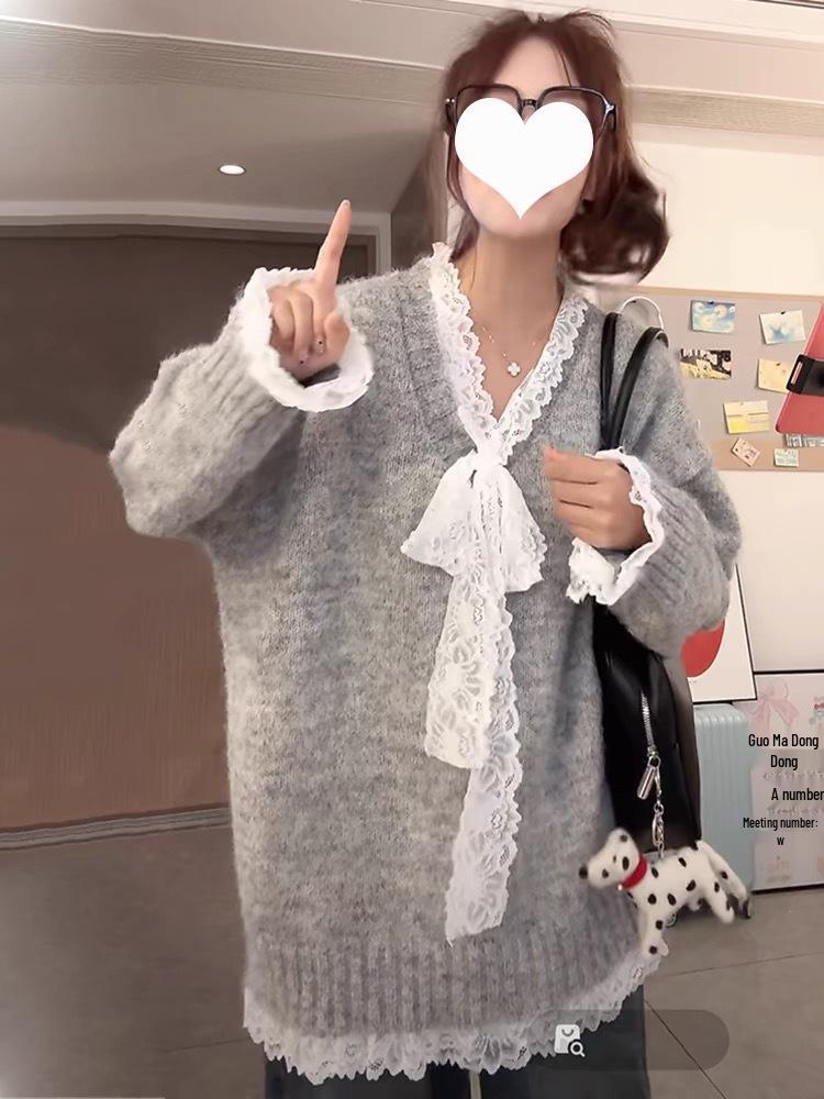 Jian Manni 2024 Lace Bow Patchwork Loose Sweater Women's Sweet Knit Top Winter