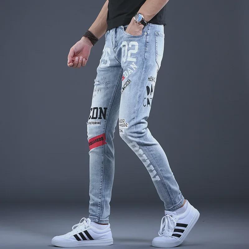 Pánské džíny slim fit: Trendy kalhoty v ležérním stylu s potiskem v korejském stylu pro jaro a podzim