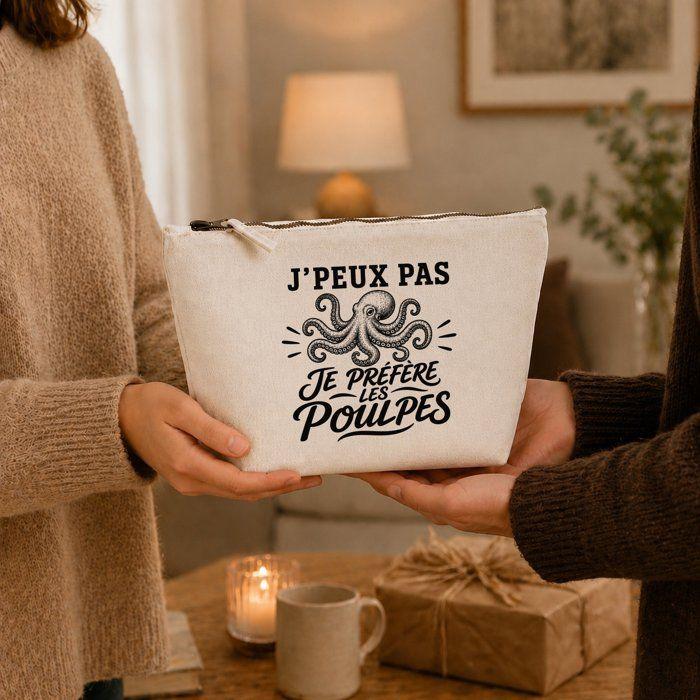 Trousse de toilette - PLANETEE - J’peux pas je préfère les Poulpes - 100% coton beige - 3 L - Zip métal