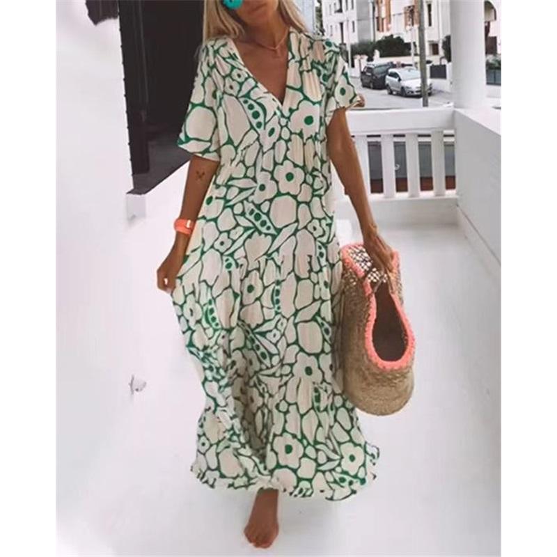 Abito Lungo da Donna Estivo Nuovo Stile Stampato a Maniche Corte con Scollo a V Profondo Donna