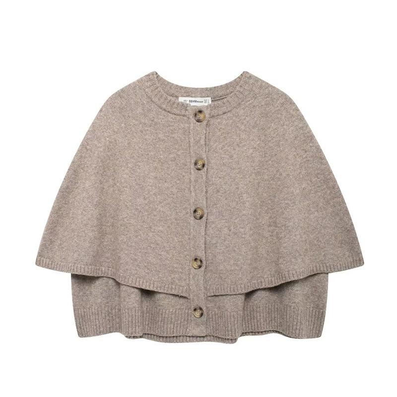 Women s Round Neck Long Sleeve Knit Cardigan Loose Fit Minimalist Cape Sweater S