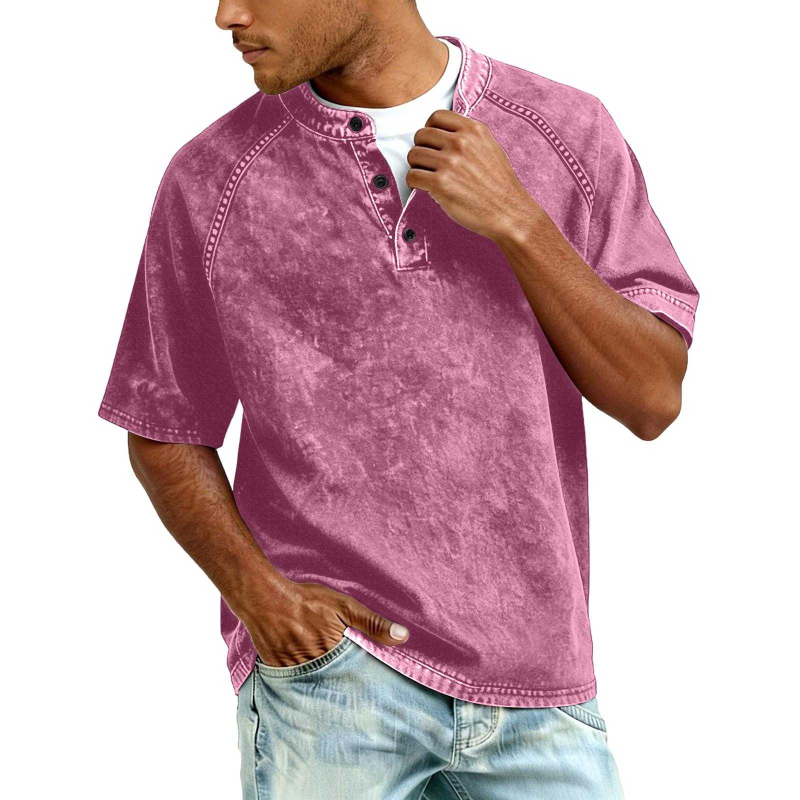 

Men s Button-down Short-sleeved Fitted Distressed Washed -neck Casual Shirt XL рожевий