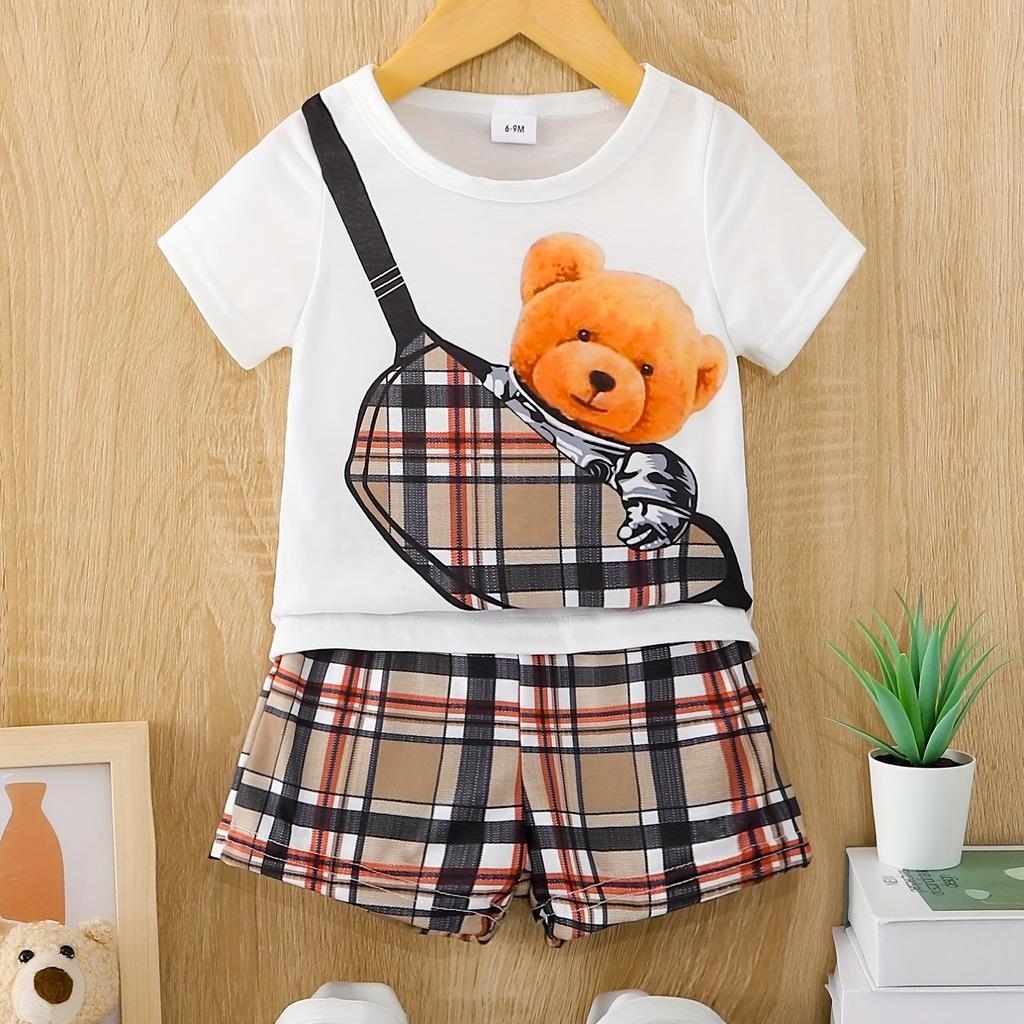 Summer Girls' Tee Trendy Preppy Kids Outfit Cute Slant Bag Bear Girls' Holiday Casual T-Shirt Set Home Pajama Set Ice Silk Set