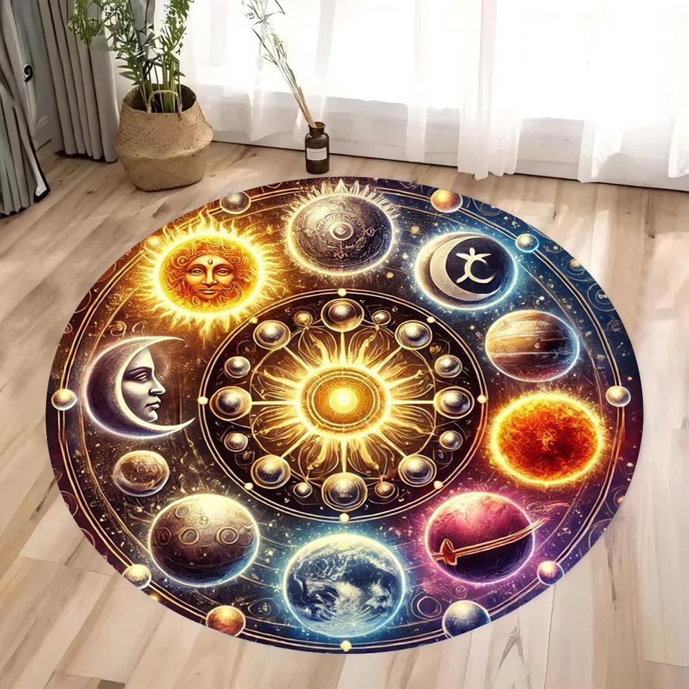 Twelve Planets Bohemian Style Circular Printed Carpet Dreamy Universe Anti Slip Pad Home Decoration 80cmx80cm