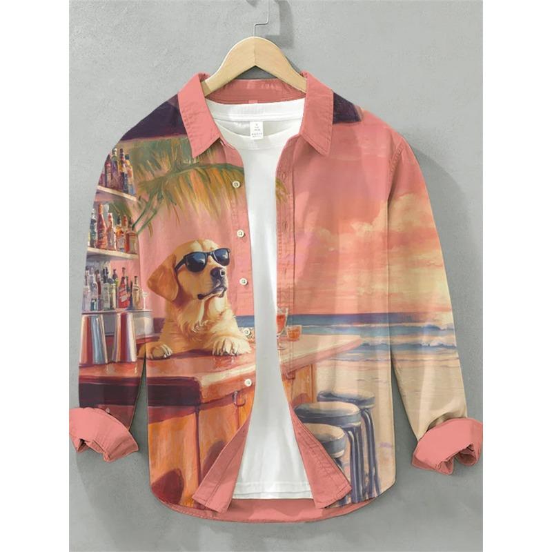 Men's Linen Cute Cat Printed Casual Shirt 3D Animal Printed Classic Long Sleeve Fashion Hawaiian Men's Shirt Top