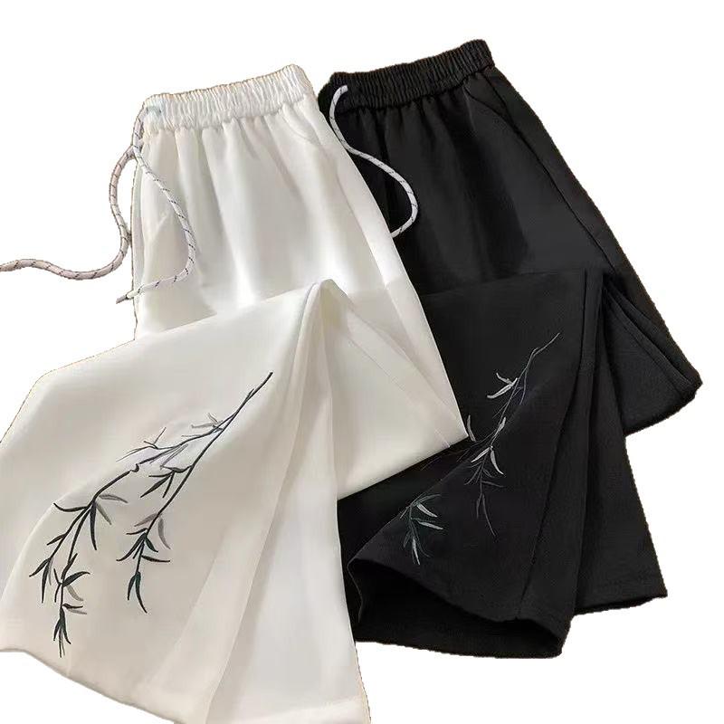 Trendy Summer Bamboo Embroidered Wide-Leg Trousers
