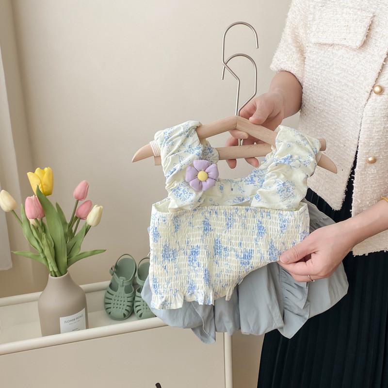 Cute Sweetheart Blue Floral Sleeveless Top And Short Pants Baby Girl Set