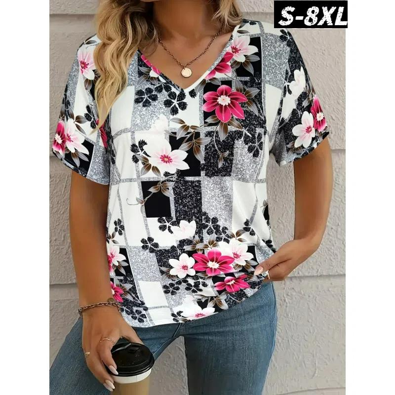 Summer Vintage Casual T-shirt Women Streetwear V-Neck Tees Tops Oversized Clothing Multiple Styles and Sizes to Choose From