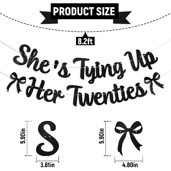 She's Tying Up Her Twenties Banner - Black Coquette 30th Birthday Decor, Black Bow Thirty Years Old Birthday Party Decorations