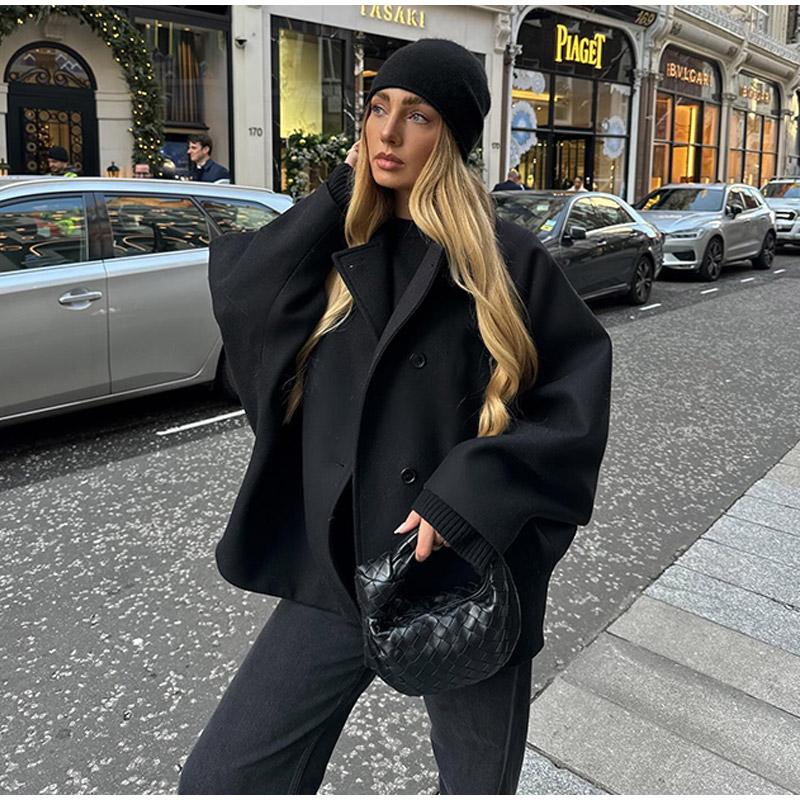 Fashion Double Breasted Solid Color Jackets Women Autumn Winter Temperament Slim V-neck Long-sleeve Female Coat