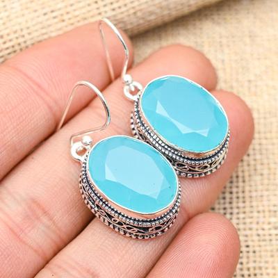 Pretty Blue Chalcedony Gemstone Handmade 925 Solid Sterling Silver Jewelry Earrings For Her