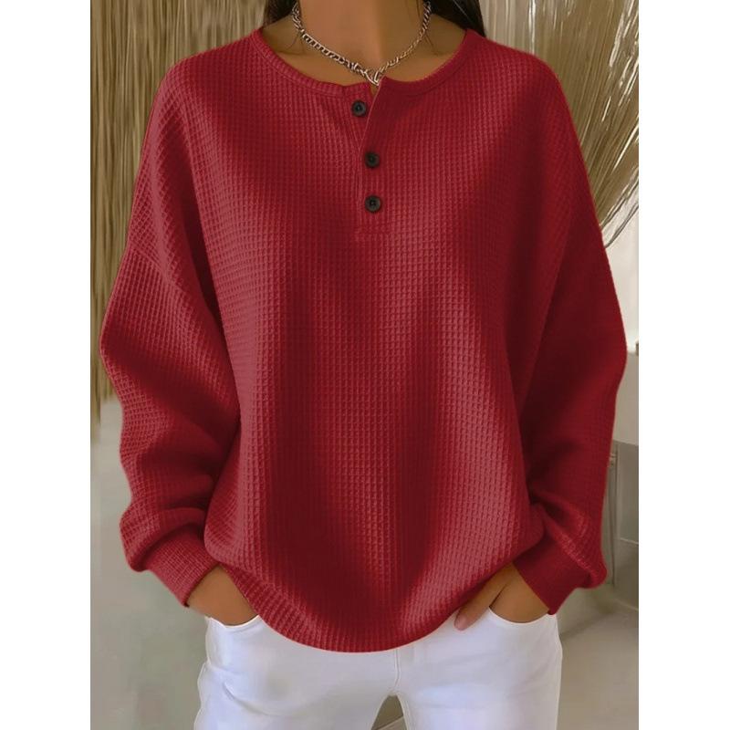 

New Autumn and Winter Round Neck Waffle Solid Color Pullover Loose Top S червоний