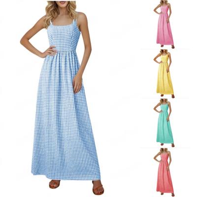 Women Casual Loose Fit Sleeveless Dress Square Neck A-Line Long Maxi Dress with Checkered Pattern Summer Sundress