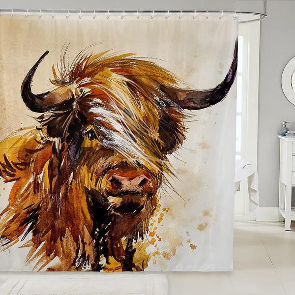 Highland Cow Shower Curtain Rustic Bull Western Farmhouse Cattle Country Restroom Accessories Funny Farm Animal Bathroom Decor