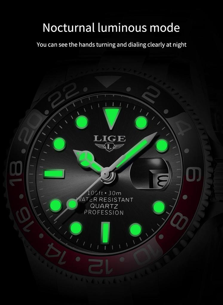LIGE Men's Green Waterproof Quartz Calendar Sports Wristwatch