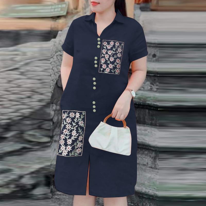 

ZANZEA Жіноча повсякденна літня сукня з коротким рукавом і квітковою вишивкою 5XL темно-синього кольору