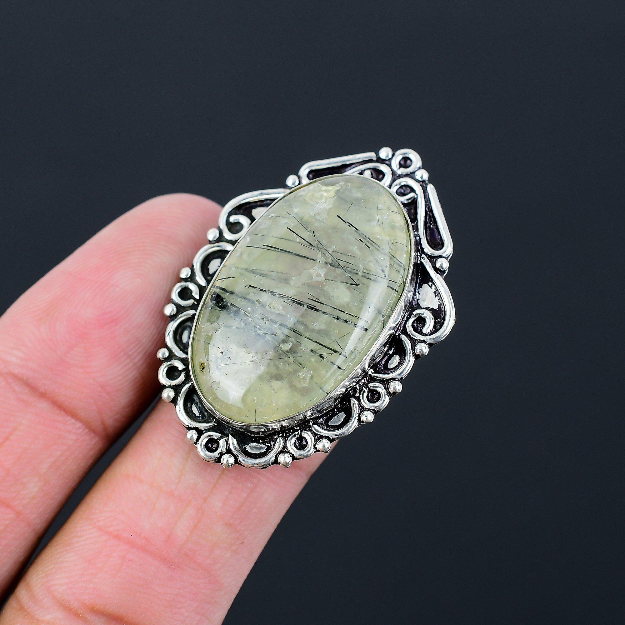925 Sterling Silver Oval Moss Prehnite Stone Statement Wife Ring Jewelry Size 8 8