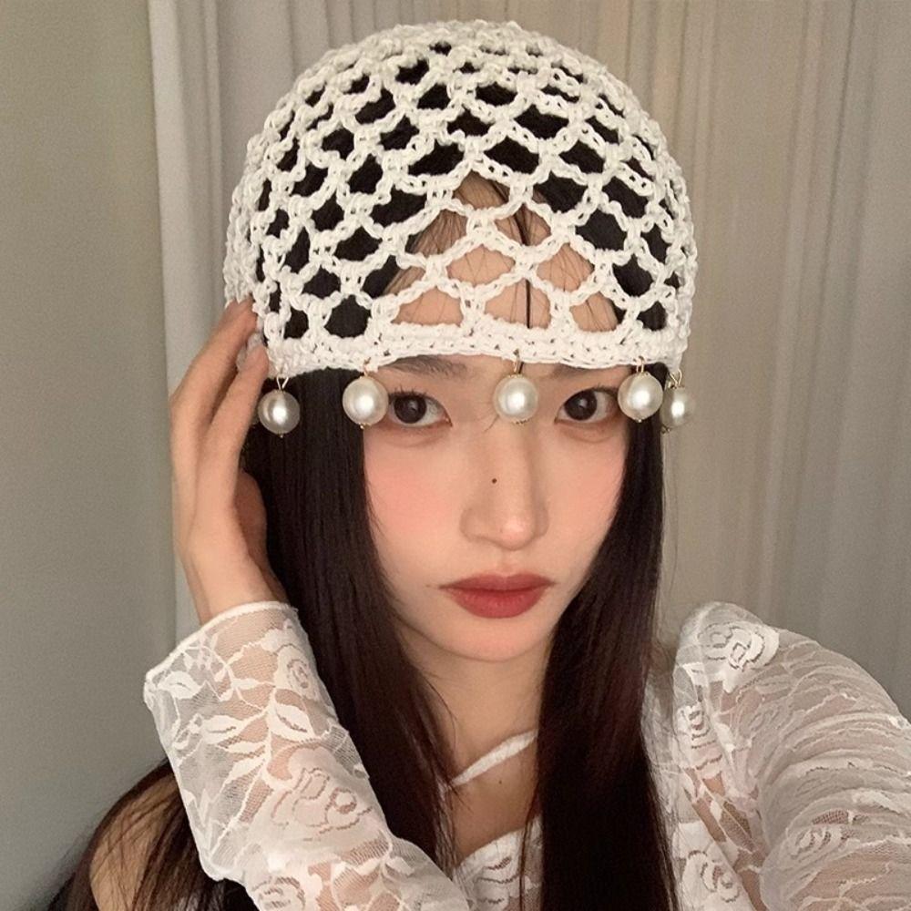 Round Beads Knit Beanies Hollow Out Ethnic Style Hat Crochet Hollow Tassels Knitted Hat  Outdoor