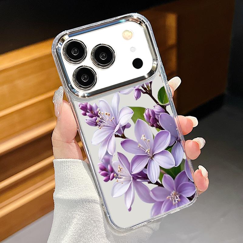 Blue Purple Flower Pattern Case For iPhone 17 Pro Max Plating Lens Frame Clear Soft Cover For iPhone 16 15 14 13 Pro Max 11 16E 17E