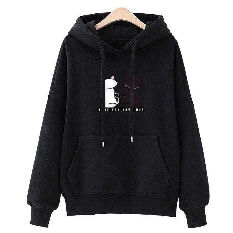 Winter Herbst Samt Warm Frauen Mit Kapuze Lose Katze Druck Casual Sweatshirt